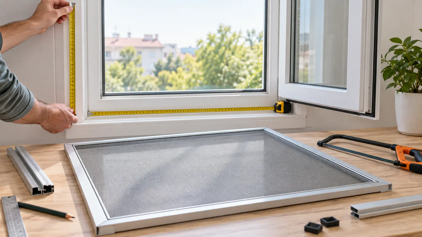 Sineklik nasıl küçültülür sorusuna yönelik pencere iç ölçüsünün mezura ile alındığı, alüminyum sineklik profillerinin ve kesim aletlerinin hazırlandığı sineklik ölçülendirme işlemi.