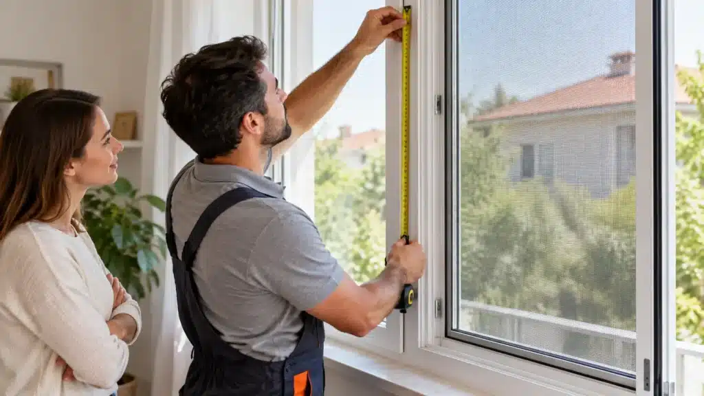 Sineklik yaptırma sürecinde uzman ekip tarafından pencere ölçüsünün alındığı, montaj öncesi hazırlıkların yapıldığı ve ev sahibinin süreci takip ettiği an.