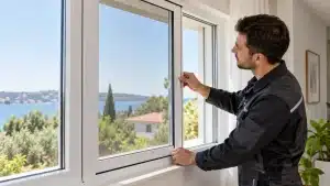 Sineklik yaptırma sürecinin montaj ve teslim aşamasında, uzman personelin pencereye takılan çerçeveli sinekliğin açılıp kapanmasını, tül gerginliğini ve çerçeve uyumunu kontrol etmesi.