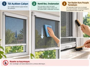 Stor Sineklik Nasıl Takılır ve Temizlenir? Stor sineklik nasıl takılır ve nasıl temizlenir rehberi kapsamında, stor sineklik tülünün nemli bezle nazikçe silinmesini, yan kılavuz rayların kuru fırçayla temizlenmesini ve üst kasetin sudan korunmasını gösteren üç aşamalı görsel.